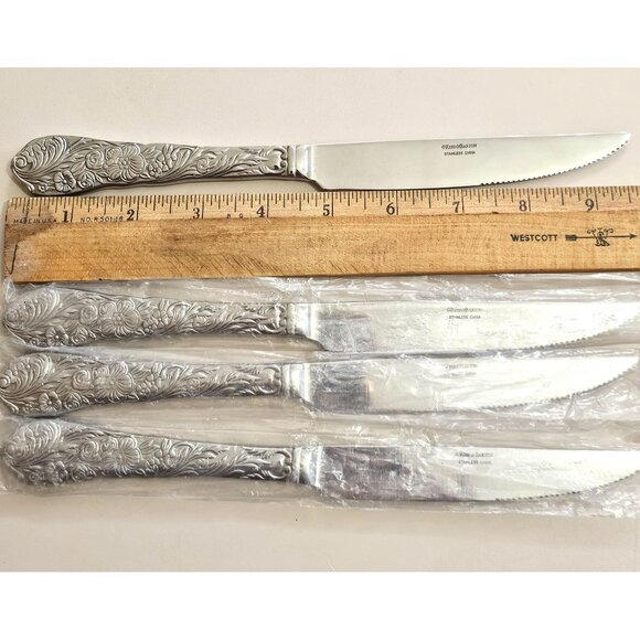 Reed Barton Flora Steak Knives 9.5" set/4 stainless embossed flowers chintz - Picture 8 of 8